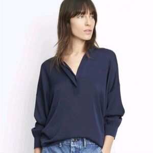 VINCE women's navy silk v-neck blouse Sz. 12 EUC